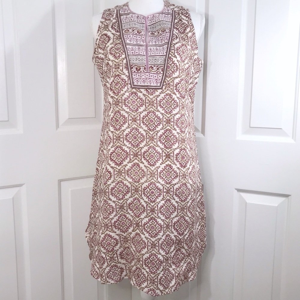 NWT ANOKHI burgundy cream and pink shift dress small